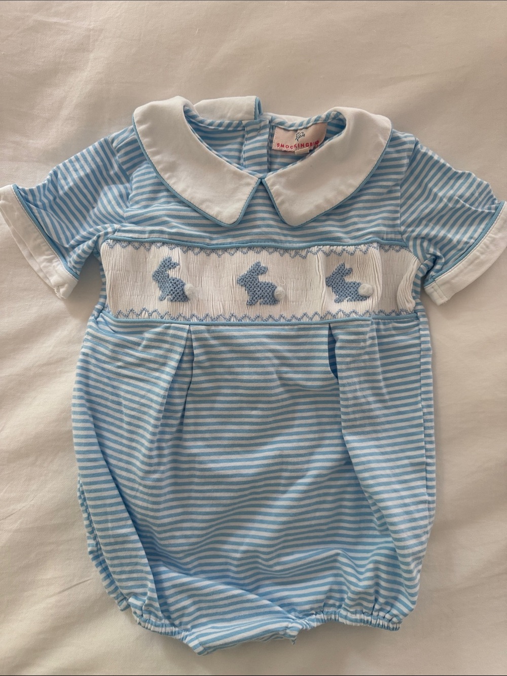Smockingbird boys’ smocked bunnies striped blue onesie size 2